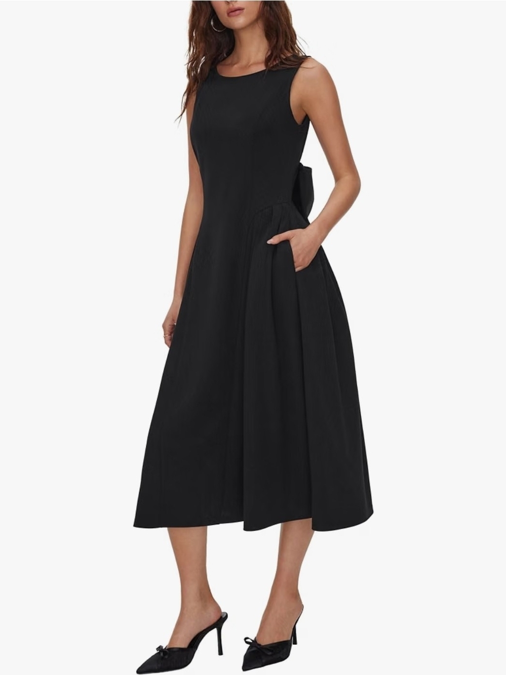 Cider Black Sleeveless Midi Dress with Bow Detail